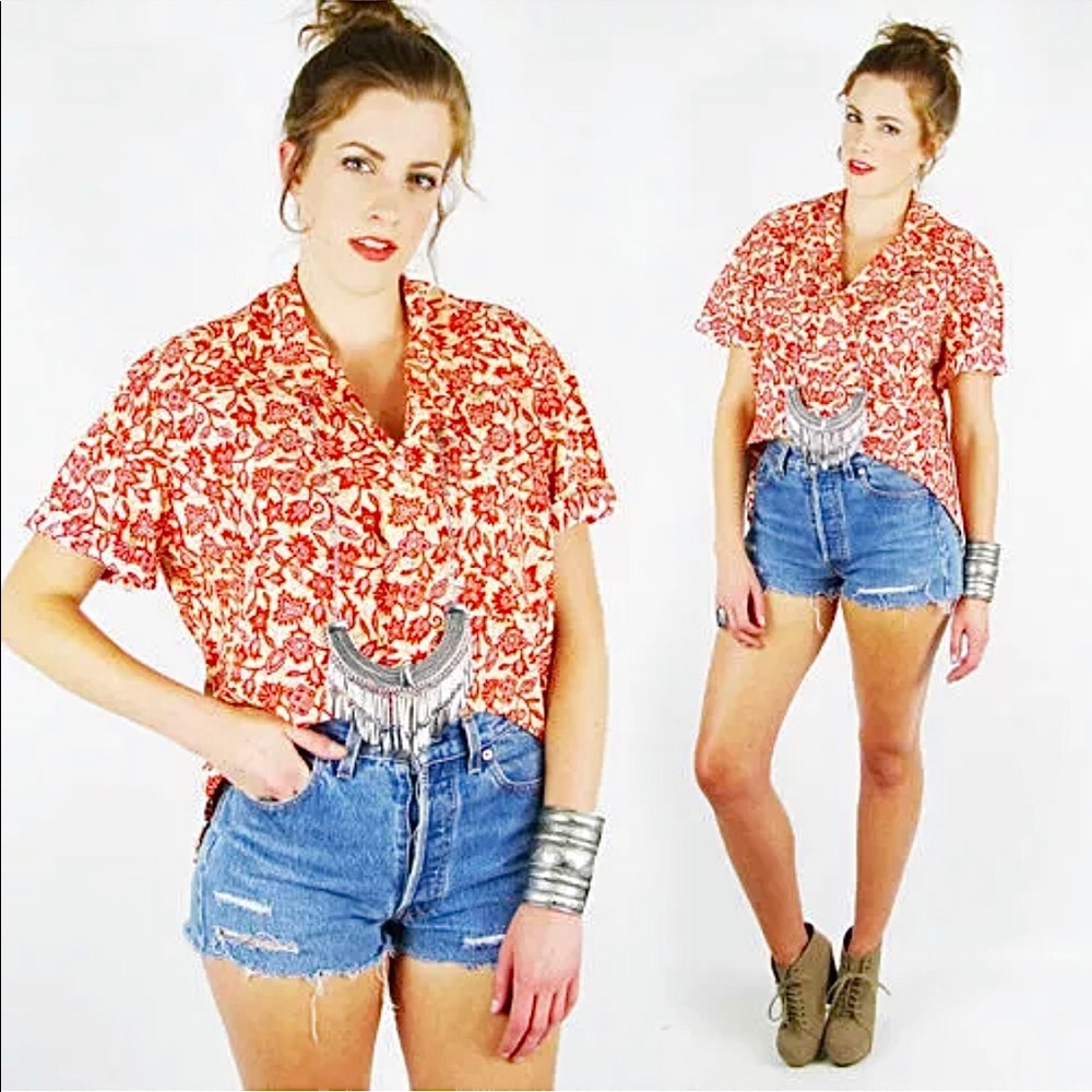 Vtg 90s Boho Festival Floral Batik Print Oversized Hi Low Crop Shirt Top S M L